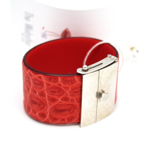 CELINE Manchette Silver Cuff Bracelet Red Python Embossed Leather S NEW Italy - Picture 2 of 7